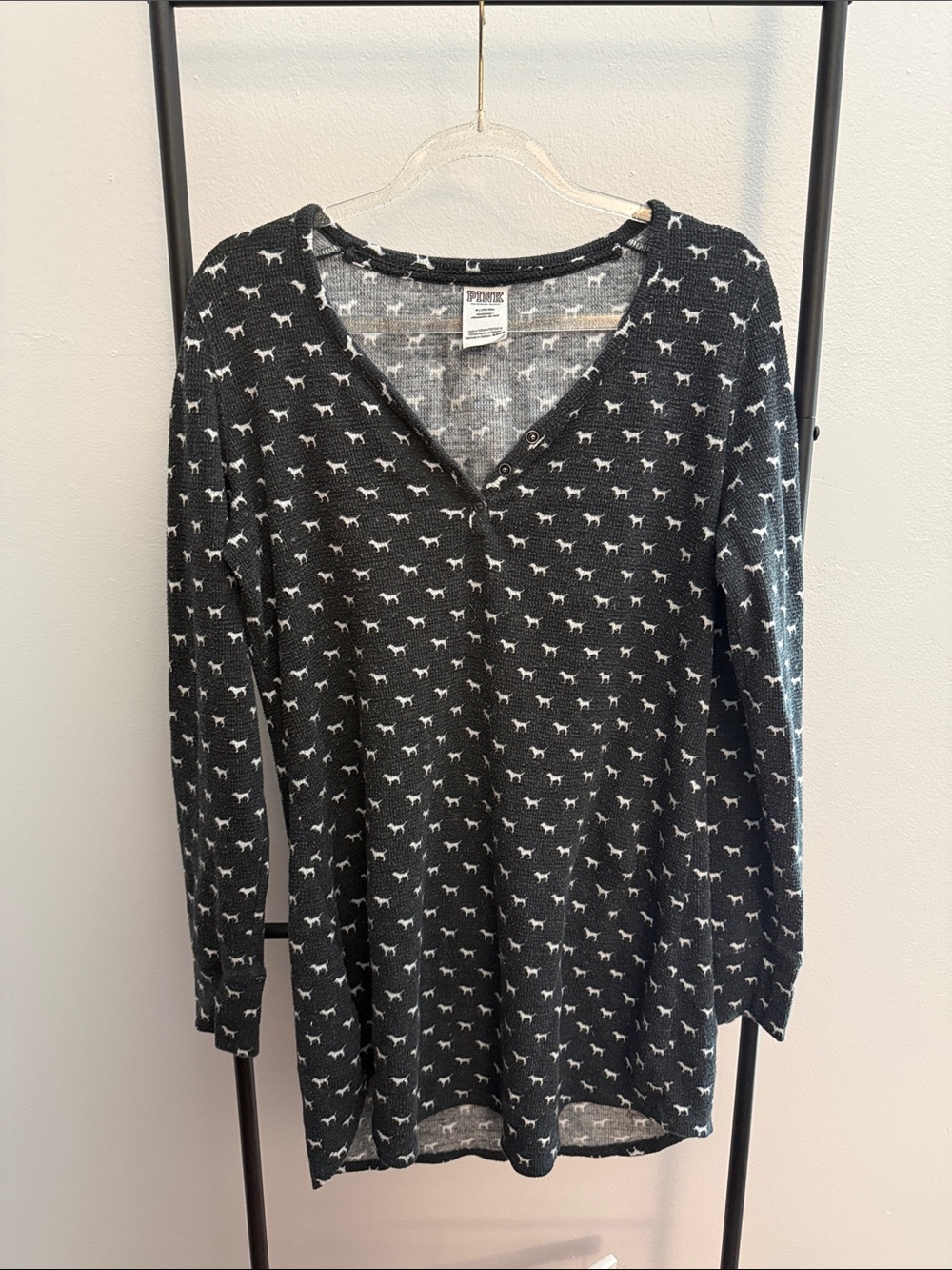 PINK Victoria's Secret Black Long-Sleeve Henley with White Dog Print
